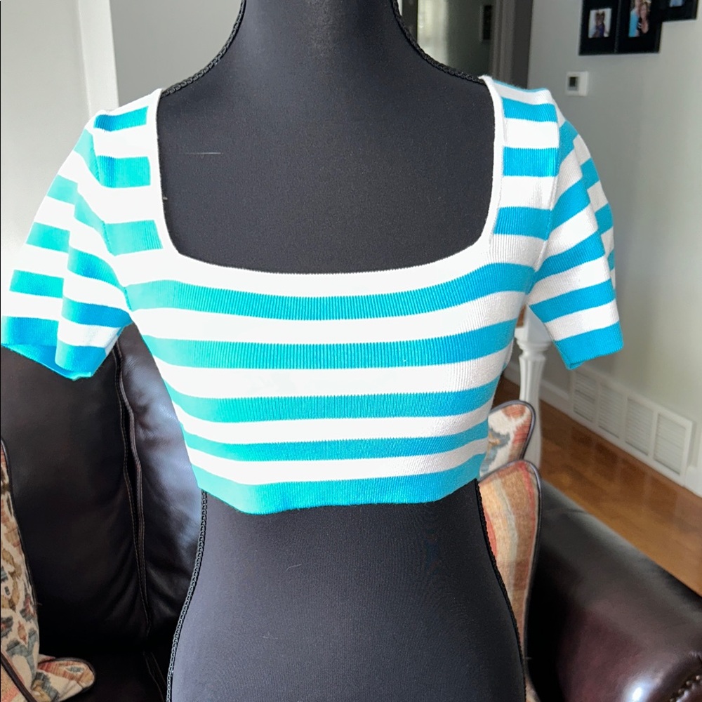 Zara Turquoise and White Striped Crop Top